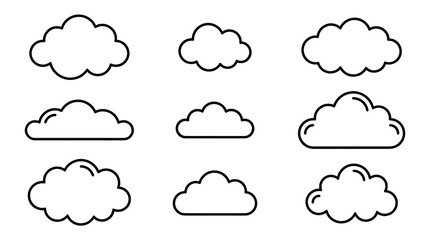 Obraz premium A diverse set of simple outlined cloud vector icons, perfect for illustrating weather conditions, cloud computing concepts, or a light and airy design aesthetic with clean lines