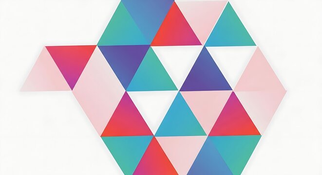 Abstract geometric background composed of interconnected equilateral triangles with vibrant pink, blue, purple, and teal gradients arranged in a mosaic pattern on white.