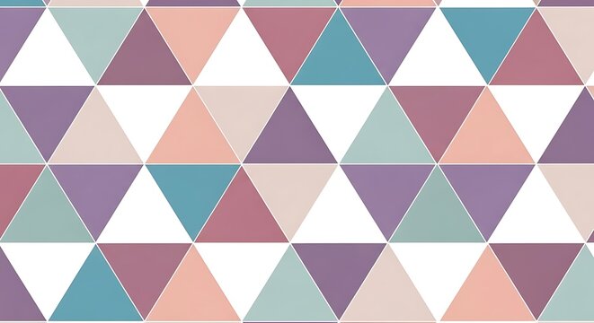 Seamless geometric pattern featuring a tessellation of equilateral triangles in a palette of muted purple, teal, peach, and cream. Minimalist abstract repeating vector background.