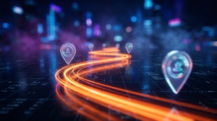 Fototapeta premium Futuristic glowing roadmap with milestone checkpoints and navigation path, business strategy concept featuring progress tracking, project planning, direction and success journey