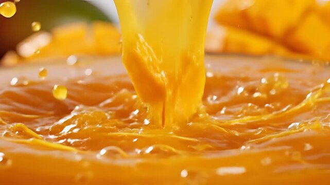 Fresh Mango Juice Pouring into a Pool of Liquid.
