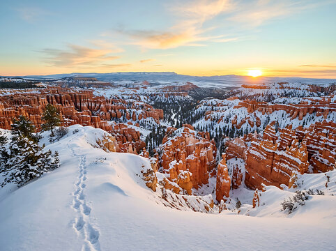 Snowy bryce canyon landscape at sunrise with footprints in the foreground and orange hoodoos