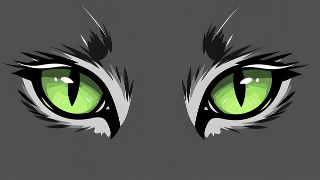 Intense green eyes of a stylized wild cat, an artistic illustration capturing a piercing gaze with vibrant emerald irises and sharp pupils