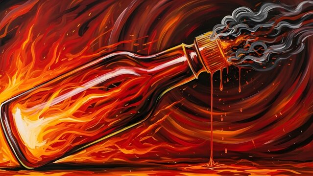 Vivid painting of a glass bottle engulfed in fierce flames, spilling hot liquid and smoke against a swirling red background, symbolizing explosive heat and extreme spice