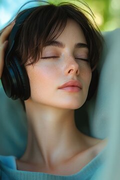 Person reclining with over-ear headphones, short hair and exposed collarbone in soft natural light conveying calm relaxed mood