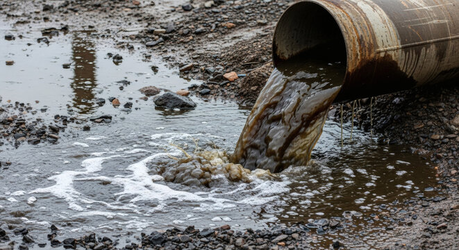 Waste water pipe discharging dirty sewage liquid into the ground causing environmental damage and severe soil pollution in nature