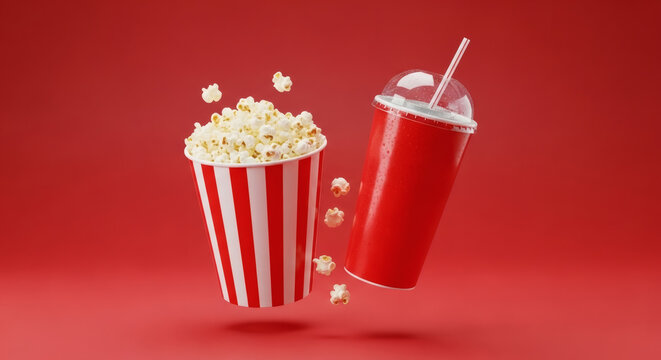 Popcorn bucket and soda cup flying together for a cinema movie experience with crunchy snacks and refreshing cold drink