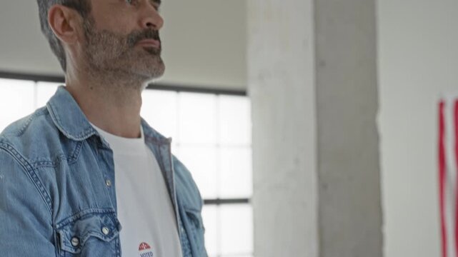 Man wearing voter sticker on t shirt and denim jacket looking up, face in profile near flag while standing in building; civic duty pride.