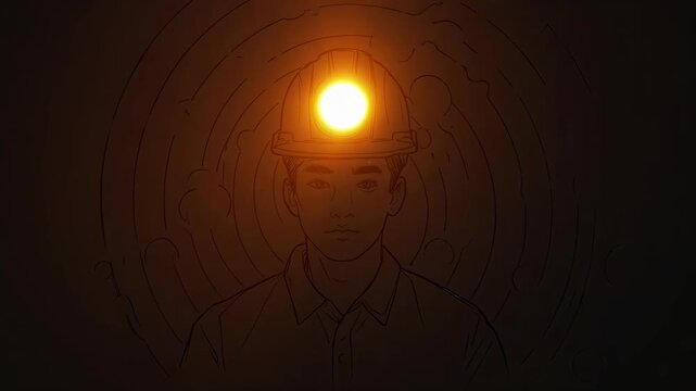 Line art illustration of a young male miner wearing a hard hat with a glowing headlamp