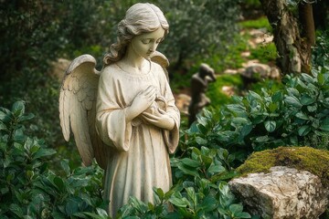 Fototapeta premium stone angel statue with folded hands and wings in lush garden beside mossy rock and a small blurred statue in background, serene contemplative mood