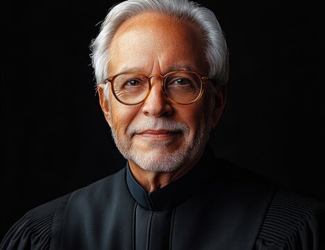 Elderly person with white hair wearing a formal black judicial robe against a dark background, conveying solemn dignity and authority