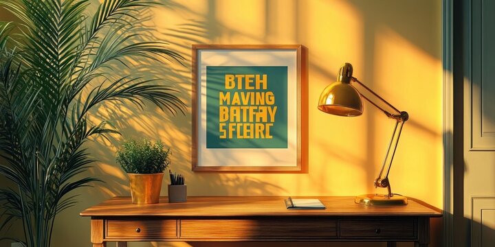 Sunlit wooden desk with gold desk lamp, framed typographic poster, potted palm and small plant, pencil cup and notebook, warm golden light and calm cozy atmosphere