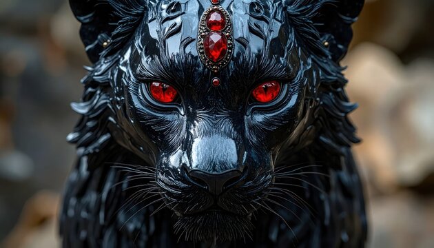 Closeup of black wolf figurine with red eyes.