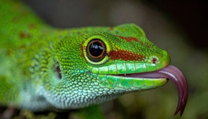 Fototapeta premium Close-up of green gecko with long tongue.