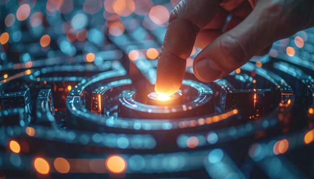 Human Finger Pressing Glowing Button on Futuristic Circuit Interface