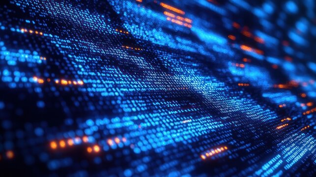Wavy digital data stream of glowing blue binary dots with scattered orange highlights conveying speed, motion and futuristic energy