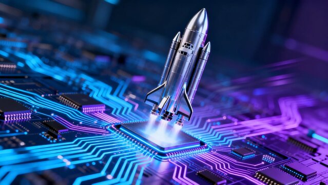 High tech rocket blasting off from futuristic motherboard, digital innovation concept featuring artificial intelligence, startup acceleration, cyberspace connectivity and business progress