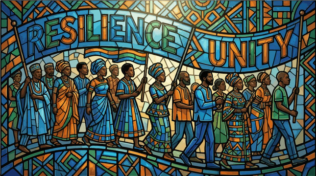 Detailed Juneteenth Stained Glass Window Illustration - Resilience and Unity Civil Rights March Mosaic Graphic