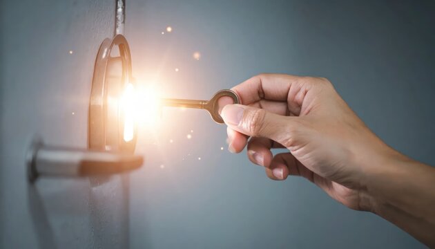 Human Hand Turning Key in Glowing Door Lock on Dark Wall