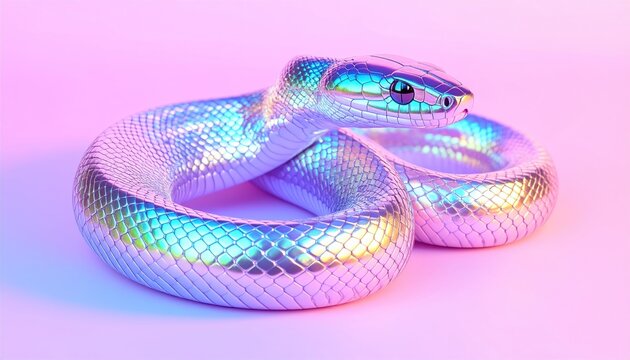 Iridescent Coiled Snake Resting on Pink Studio Background