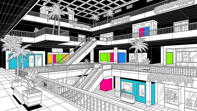 Vibrant and Retro Shopping Mall Interior with Palm Trees and Escalators