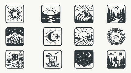 Fototapeta premium Collection of Nature and Outdoor Icons: Sun, Mountains, Forest, Camping, Moon, Fields, Drink, Stars