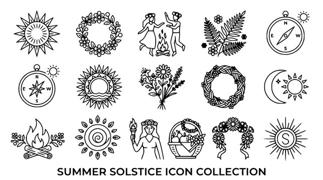 Summer Solstice Icon Collection: Sun, Wreaths, Dancing, Nature, Compass, Fire, Moon