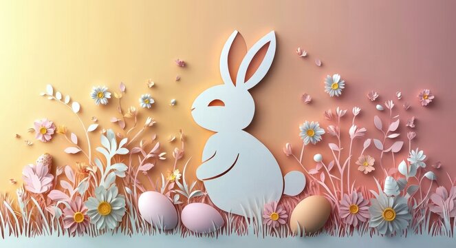 pastel paper-cut bunny silhouette among daisies, wildflowers and decorated eggs in a soft sunrise gradient, whimsical and peaceful spring scene