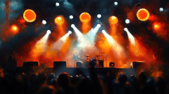 concert stage with drum kit silhouetted under blazing orange spotlights and smoky haze, silhouetted crowd, energetic electrifying atmosphere