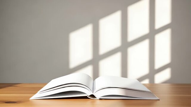 An open blank book rests on a wooden table surface bathed in soft natural light creating long shadows against the simple grey wall background area