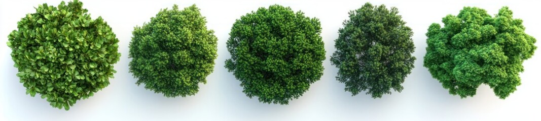 Obraz premium Five lush green tree canopies viewed from above on a clean white background, bright leafy textures and soft shadows conveying a calm, fresh, natural mood