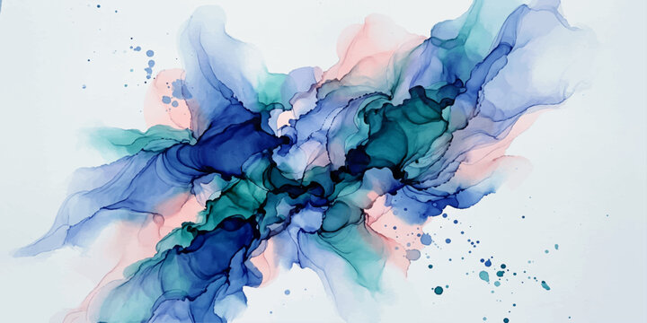 Abstract colorful watercolor smoke background with flowing ink, soft paint textures, feather like patterns, and vibrant pink and blue artistic liquid design