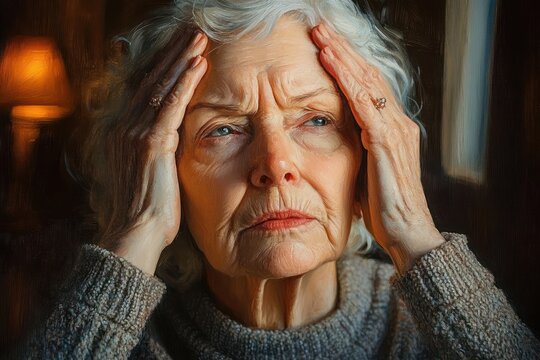 elderly person with white hair and face obscured by blur, wearing a knitted gray sweater indoors by a warm lamp, holding hands to temples and appearing tired and distressed