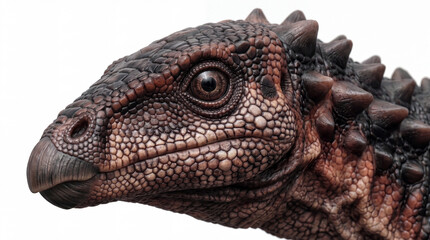 Fototapeta premium Close-up portrait of Scutellosaurus lawleri head showing detailed facial anatomy, skin texture and accurate scientific paleontological reconstruction isolated on white background