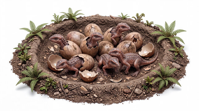 Scutellosaurus lawleri hatchlings resting on a nest, showing early developmental stage and accurate anatomy in a detailed scientific paleontological reconstruction isolated on white background