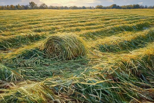 sunlit field of freshly cut grass with a single rolled hay bale and neat windrows under a calm golden sky, serene pastoral atmosphere
