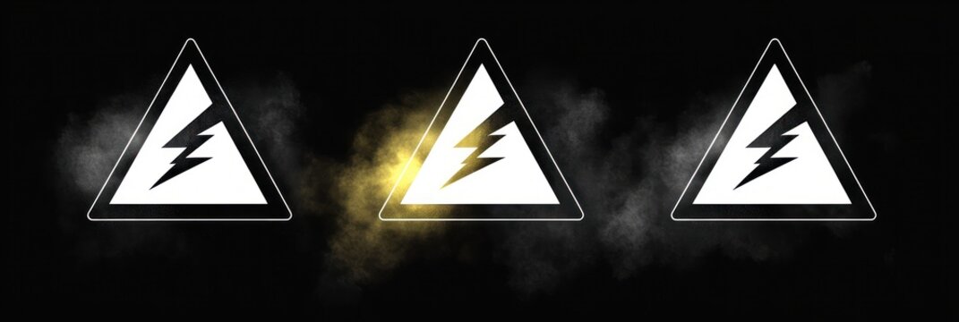 Three triangular electrical hazard warning signs with lightning bolts, smoky background and central yellow glow conveying caution and ominous alert