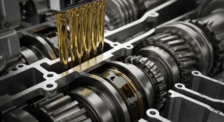 Naklejka premium Detailed close-up view of a complex mechanical gearbox with golden lubricating oil flowing through gears.