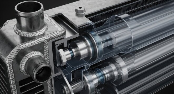Detailed close-up view of a high-performance aluminum radiator core with transparent tubes.