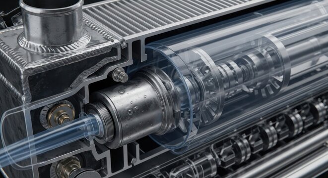 Detailed cross-section of a modern automotive engine component showing internal mechanisms and fluid flow.