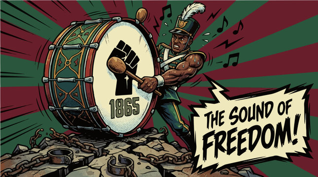 Powerful Juneteenth Marching Band Drummer Illustration - The Sound of Freedom 1865 Patriotic Holiday Vector