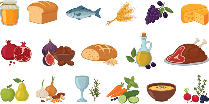 Nutritious mediterranean diet food collection with icons of fresh produce meats and staple items.