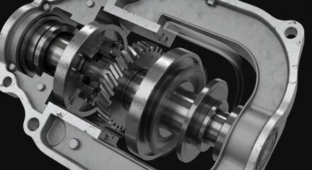 Naklejka premium Detailed cross-section view of a complex mechanical gearbox with visible gears and shafts.