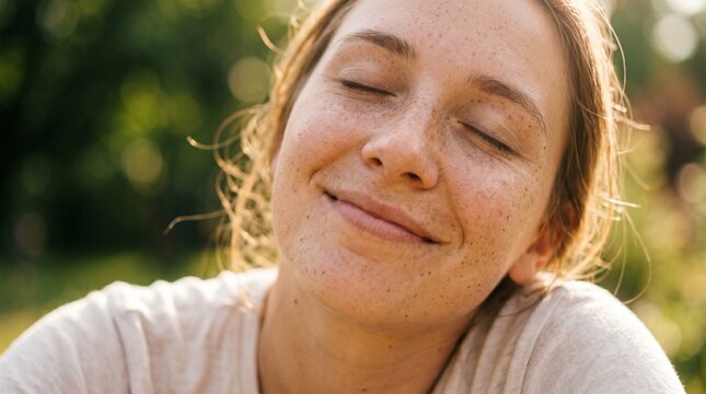 Young woman with freckles smiling with eyes closed in nature