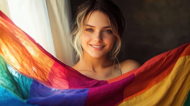 person with blurred face holding vibrant rainbow fabric across their chest by a sunlit window with soft curtains, warm intimate and contemplative mood