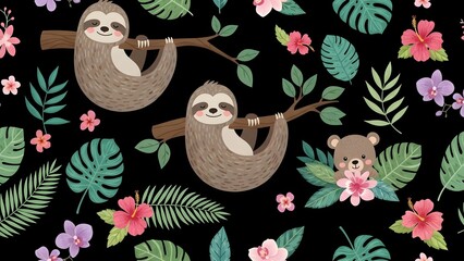 Obraz premium Cute cartoon sloths and a bear in a tropical jungle pattern with hibiscus flowers and palm leaves on a black background.