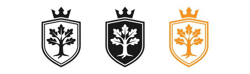Fototapeta premium Three variations of an oak tree crest logo design black white and gold color schemes