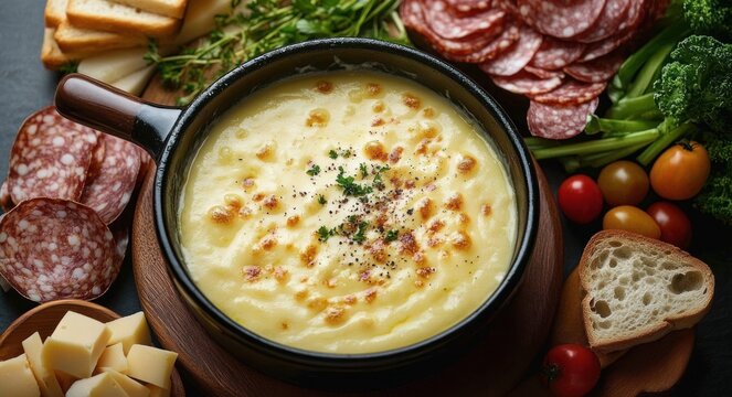 Warm creamy baked cheese dip topped with herbs and cracked pepper, surrounded by sliced salami, crusty bread, cheese cubes, cherry tomatoes and fresh vegetables, cozy and inviting