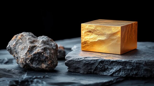 Golden metallic cube on dark slate next to rough ore rocks, dramatic moody lighting highlighting contrasting luxury and rugged textures