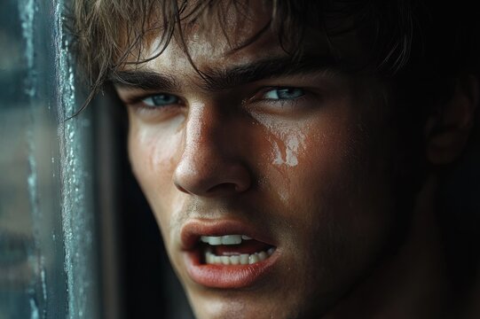 close-up portrait of a wet young man with blue eyes and tears against a rain-speckled window, intense anguished expression and parted lips